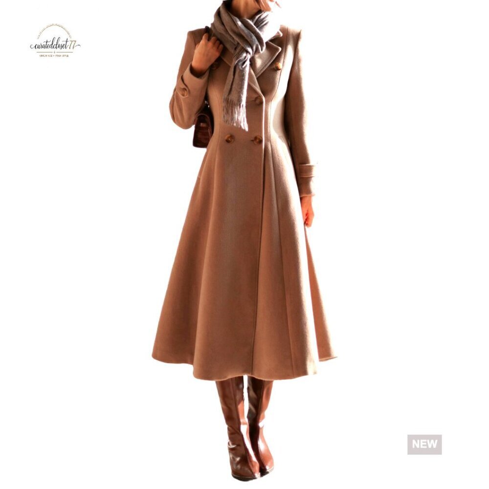 Long Wool Pea Coat Double Breasted Slim Fit Trench Winter Coat